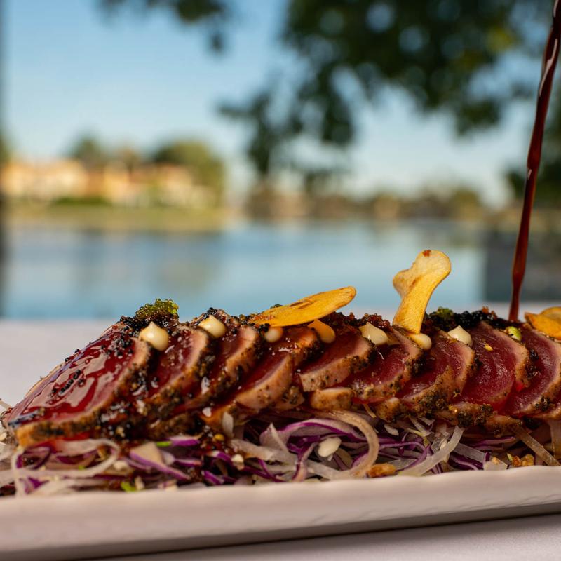 Seared tuna with lakeside view
